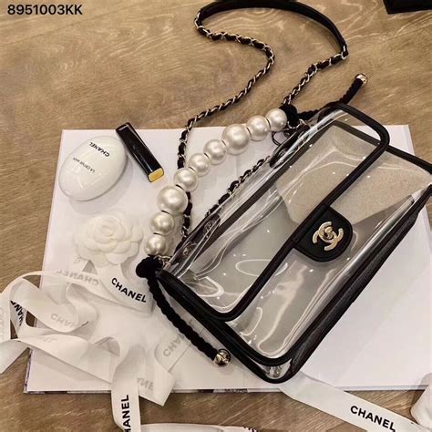 chanel clear handbag with pearls|Chanel clear tote bag.